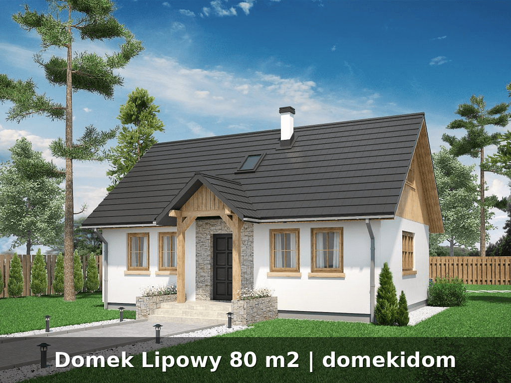 Domek Lipowy 80 m2 domekidom - dom szkieletowy z poddaszem, biala elewacja, grafitowy dach